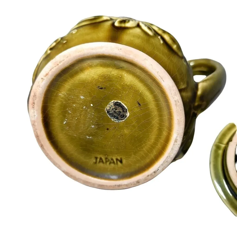 Vintage Ceramic Olive Green Teapot Fruit Veggies Decor Made in Japan‎